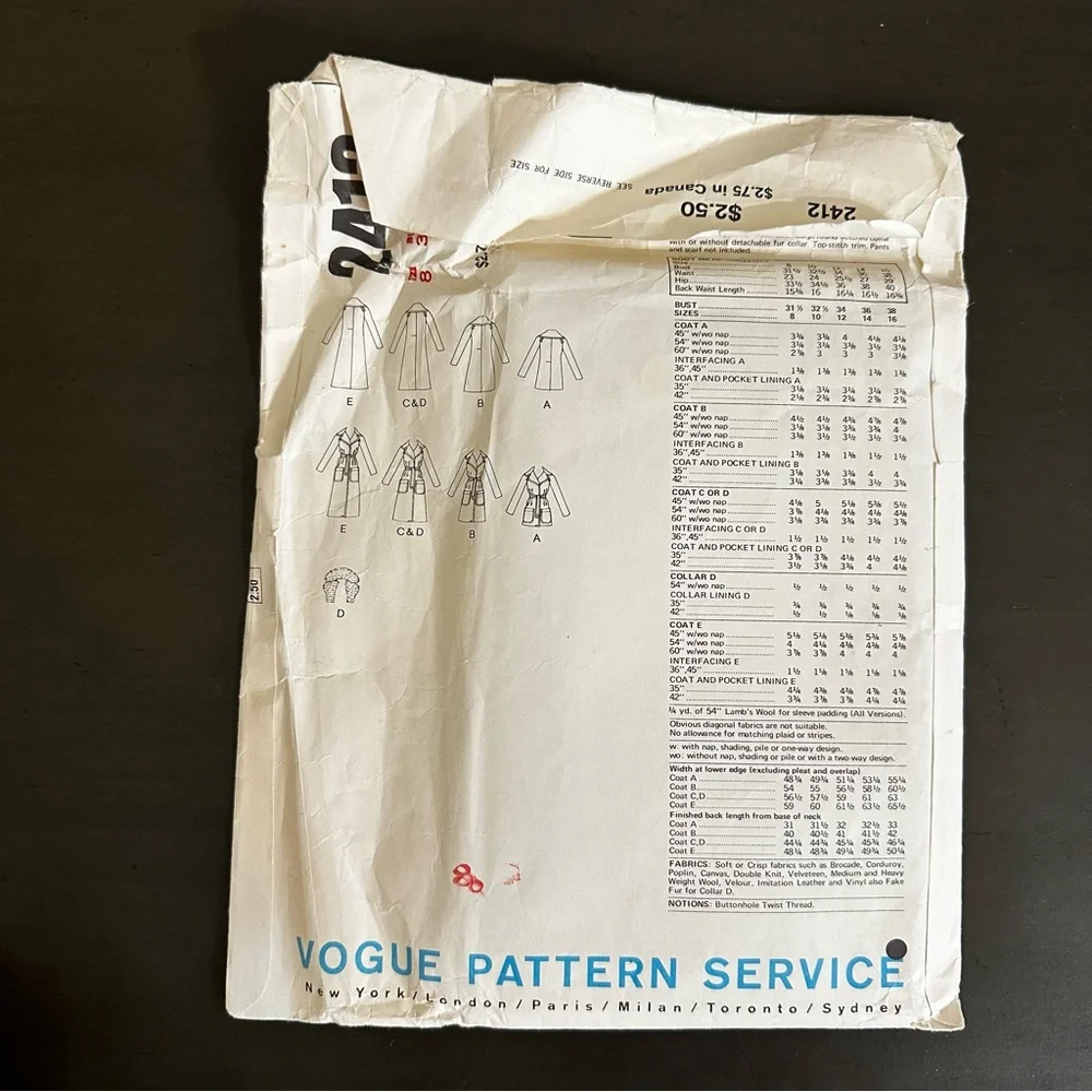 Vintage Sewing Pattern Vogue Patterns Trench Over Coat Size 8-16 1980s 80s